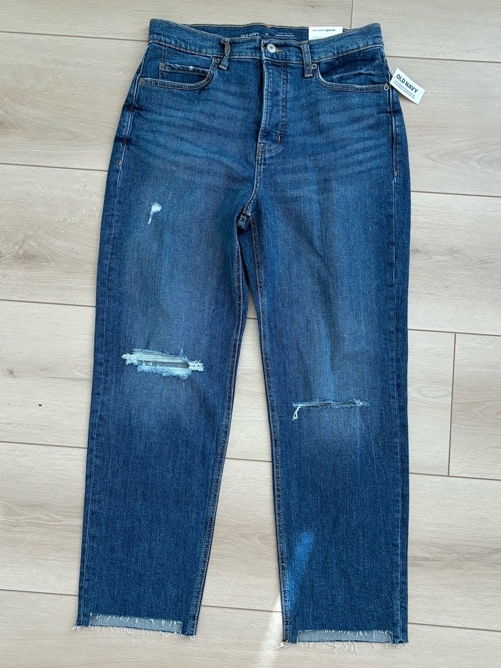 Old Navy Extra High Waisted Sky Hi Straight Jeans Button Fly Dark Destroy Hem